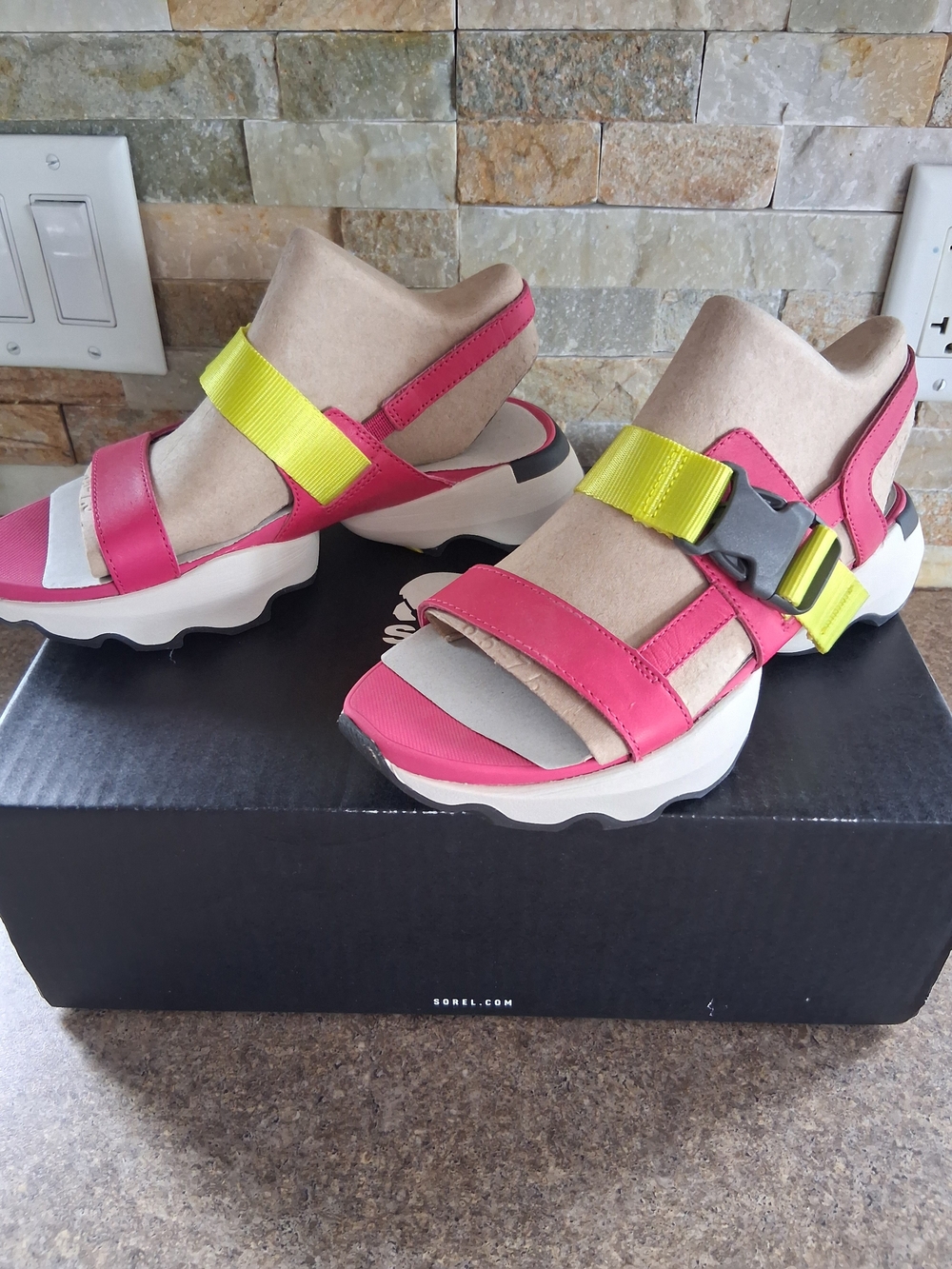 Sorel Women's Pink & Neon Yellow Platform Sandals